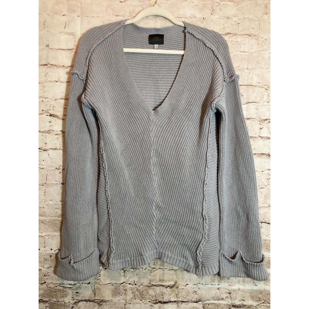 LAJU Sweater Womens Large Gray Ribbed Knit Pullover V-Neck Exposed Seam Artsy